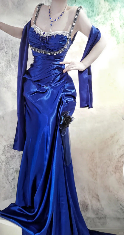 Elegant Blue Straps Mermaid Satin Long Prom Dresses, Beaded Formal Evening Gowns ED03218