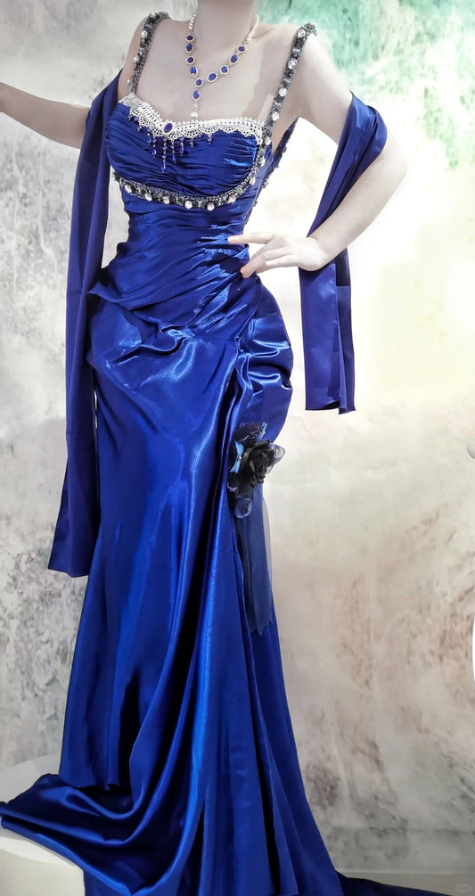 Elegant Blue Straps Mermaid Satin Long Prom Dresses, Beaded Formal Evening Gowns ED03218