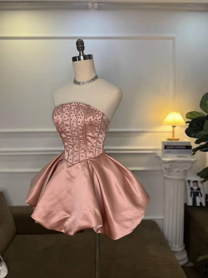 Fashion Strapless Peach A-Line Short Prom Dresses, Sparkling Homecoming Dress ED03222