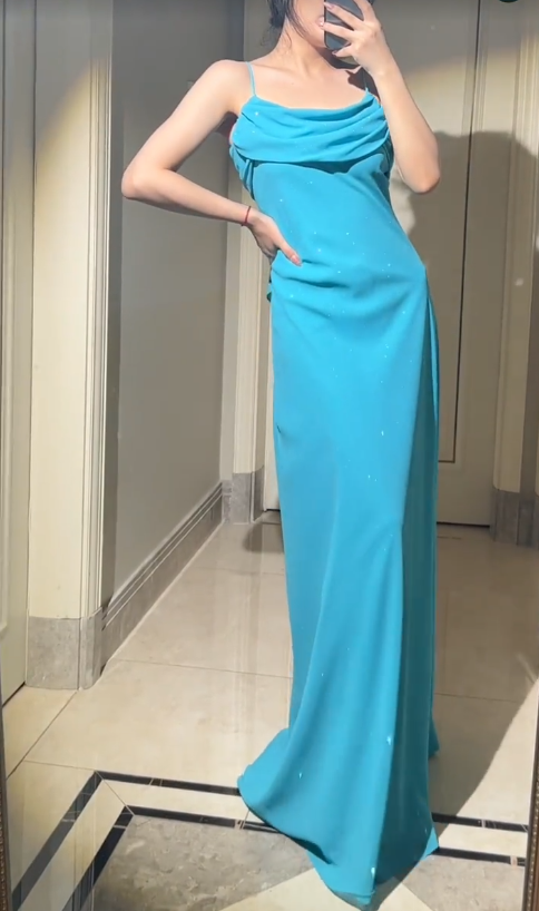 Vintage Blue Spaghetti Straps Sheath Chiffon Long Prom Dresses, Formal Evening Dresses ED03225