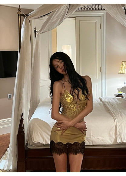 Sexy Gold Halter Neck Bodycon Satin Lace Short Outdoor Party Dress Fashion Homecoming Dress ED03226