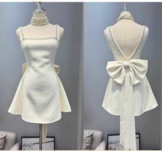 Sweet White Square Neck A-Line Short Birthday Dress with Beading ED03239