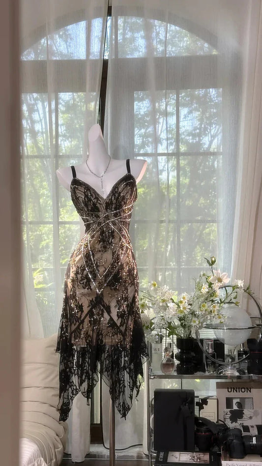 Stunning Sexy A Line Spaghetti Strap Beaded Black Lace Homecoming Dress Cocktail Dress SH3770