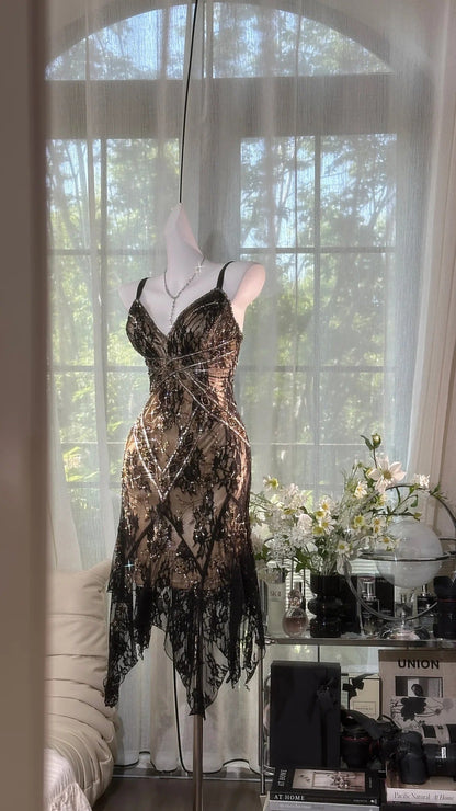 Gorgeous Black Spaghetti Straps A-Line Lace Beaded Short Prom Dresses Vintage Evening Dresses ED03248