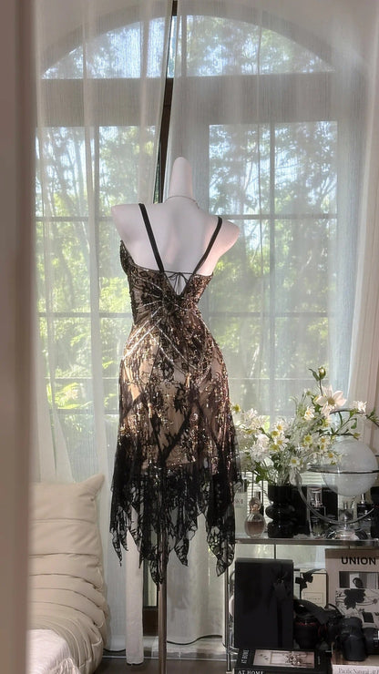 Gorgeous Black Spaghetti Straps A-Line Lace Beaded Short Prom Dresses Vintage Evening Dresses ED03248