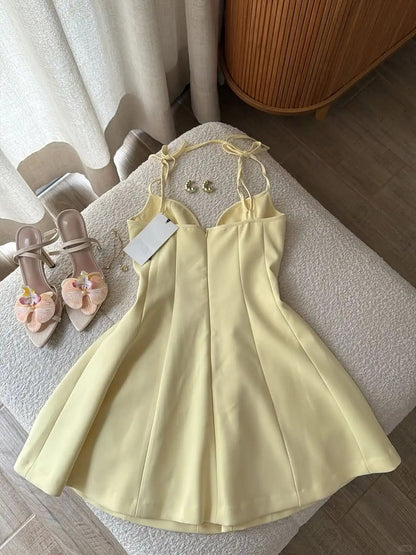 Sweet Butter Yellow Spaghetti Straps A-Line Satin Short Birthday Party Dress ED03249