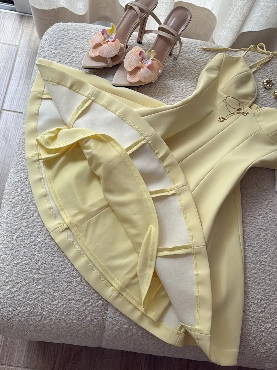 Sweet Butter Yellow Spaghetti Straps A-Line Satin Short Birthday Party Dress ED03249