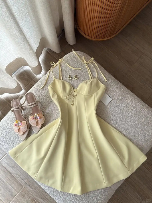 Sweet Butter Yellow Spaghetti Straps A-Line Satin Short Birthday Party Dress ED03249