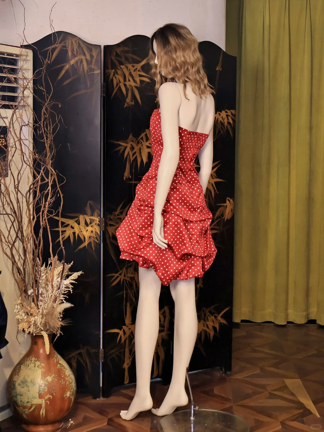 Retro Red Strapless A-Line Satin Polka Dot Short Prom Dress Sweet 16 Dress ED03250