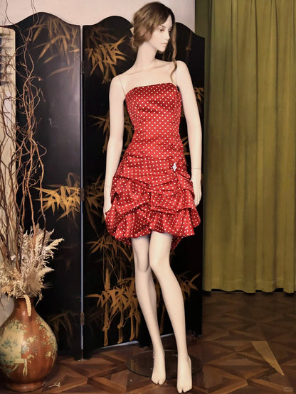 Retro Red Strapless A-Line Satin Polka Dot Short Prom Dress Sweet 16 Dress ED03250