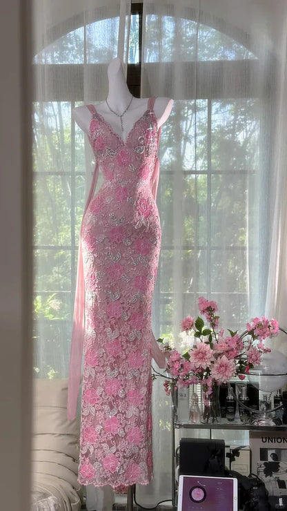 Dreamy Exquisite Pink Floral Lace Sheath Spaghetti Strap Prom Dress Evening Dress Formal Dress SH3779