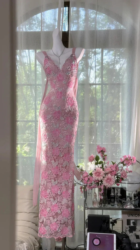Dreamy Exquisite Pink Floral Lace Sheath Spaghetti Strap Prom Dress Evening Dress Formal Dress SH3779