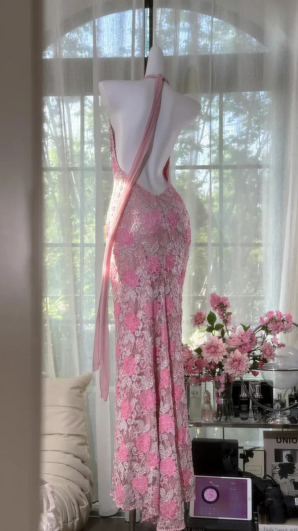 Dreamy Exquisite Pink Floral Lace Sheath Spaghetti Strap Prom Dress Evening Dress Formal Dress SH3779
