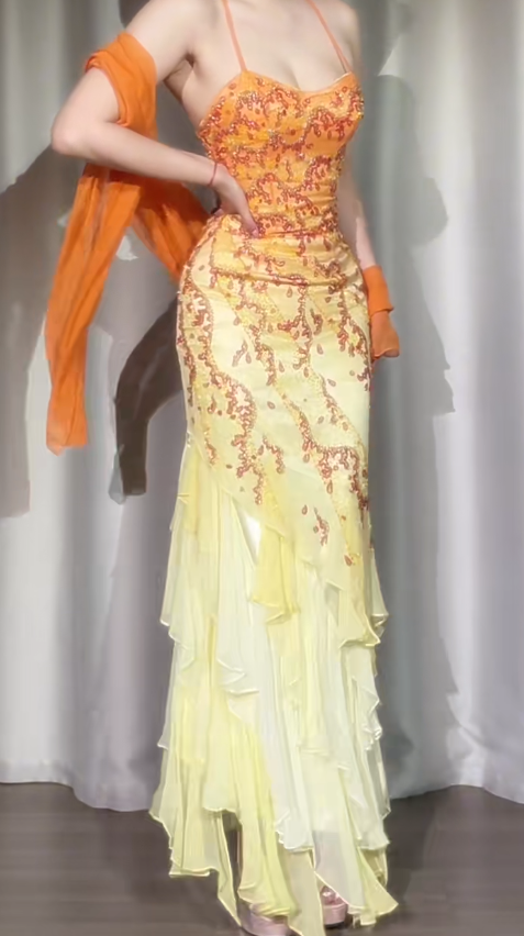 Yellow Mermaid Spaghetti Straps Chiffon Beading Long Prom Dresses Vintage Evening Dress with Open Back ED03260