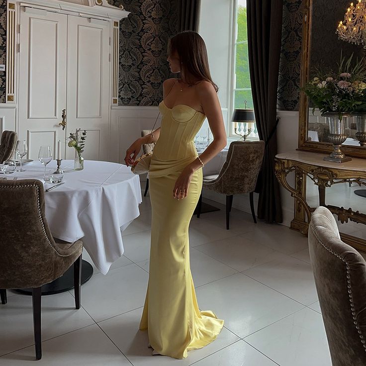 Strapless Mermaid Yellow Satin Long Prom Dresses Elegant Formal Evening Gowns ED03261