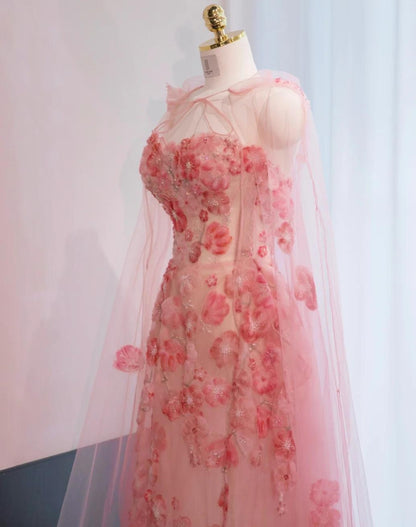 Sweetheart Neck Sheath Tulle Applique Long Prom Dresses Sweet Pink Birthday Dresses ED03262