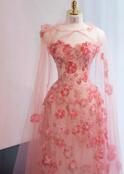 Sweetheart Neck Sheath Tulle Applique Long Prom Dresses Sweet Pink Birthday Dresses ED03262