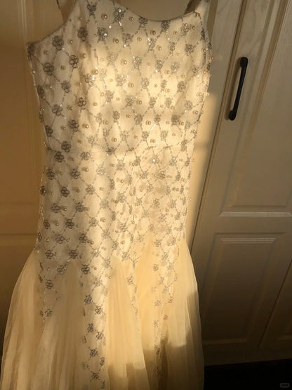 White Square Neck Mermaid Tulle Beading Long Prom Dresses Elegant Formal Evening Dresses ED03263