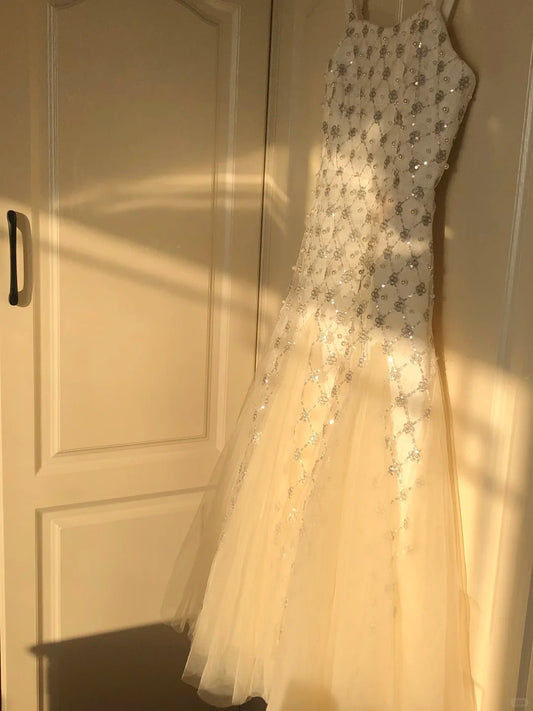 White Square Neck Mermaid Tulle Beading Long Prom Dresses Elegant Formal Evening Dresses ED03263