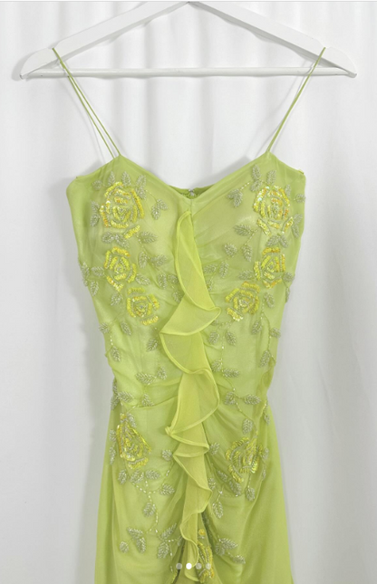 Vintage Green Sheath Spaghetti Straps Chiffon Long Prom Dresses with Beading Elegant Evening Dress ED03270