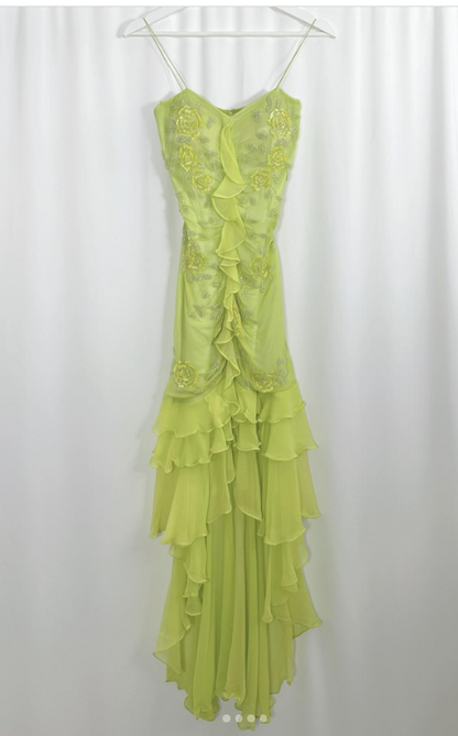 Vintage Green Sheath Spaghetti Straps Chiffon Long Prom Dresses with Beading Elegant Evening Dress ED03270
