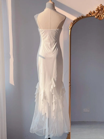 Elegant White Mermaid One Shoulder Chiffon Long Evening Gown Gonws with Beading Vintage Prom Dresses ED03274