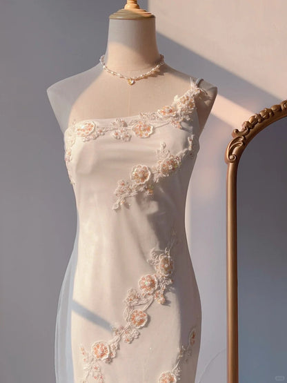 Elegant White Mermaid One Shoulder Chiffon Long Evening Gown Gonws with Beading Vintage Prom Dresses ED03274