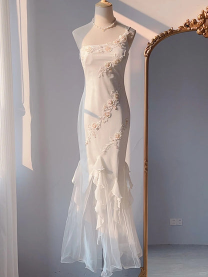 Elegant White Mermaid One Shoulder Chiffon Long Evening Gown Gonws with Beading Vintage Prom Dresses ED03274