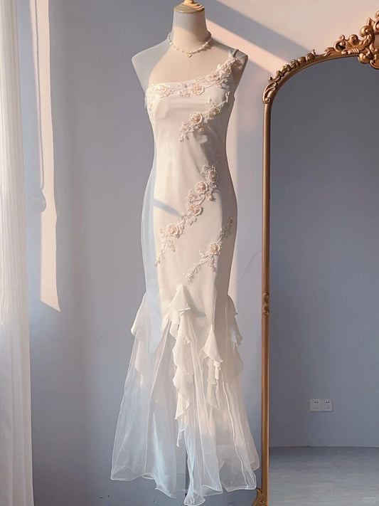 Elegant White Mermaid One Shoulder Chiffon Long Evening Gown Gonws with Beading Vintage Prom Dresses ED03274