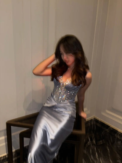 Glam Grey Blue Spaghetti Strap Sheath Satin Long Evening Gonws ED03275