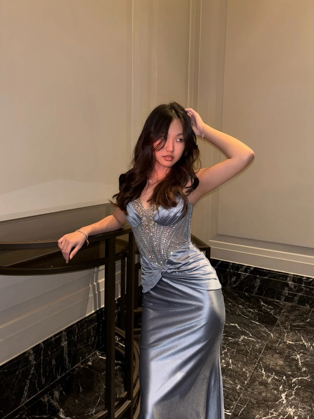 Glam Grey Blue Spaghetti Strap Sheath Satin Long Evening Gonws ED03275