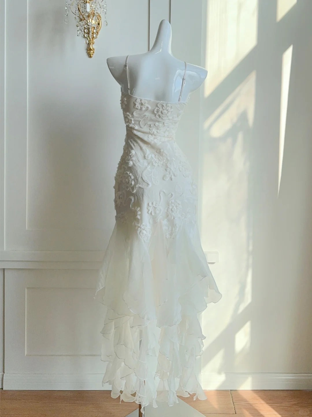 Simple White Spaghetti Strap Sheath Chiffon Prom Dresses Birthday Outfit with Appliques ED03276