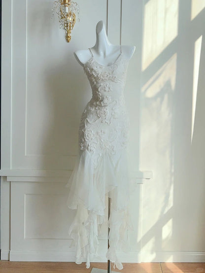 Simple White Spaghetti Strap Sheath Chiffon Prom Dresses Birthday Outfit with Appliques ED03276