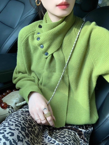 Korean style lazy style knitted pullover sweater with detachable scarf ED0327