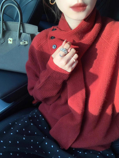 Korean style lazy style knitted pullover sweater with detachable scarf ED0327