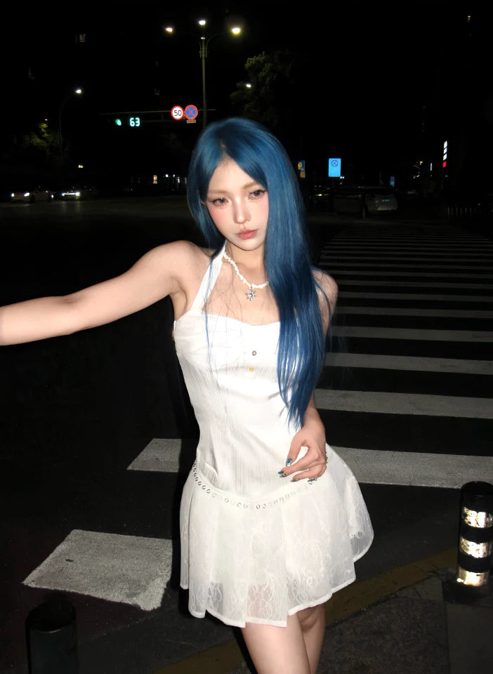 Y2K White A-Line Halter Lace Short Party Outfit ED03280