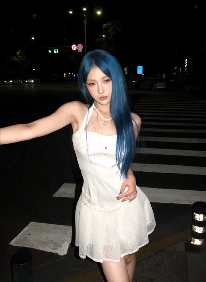 Y2K White A-Line Halter Lace Short Party Outfit ED03280