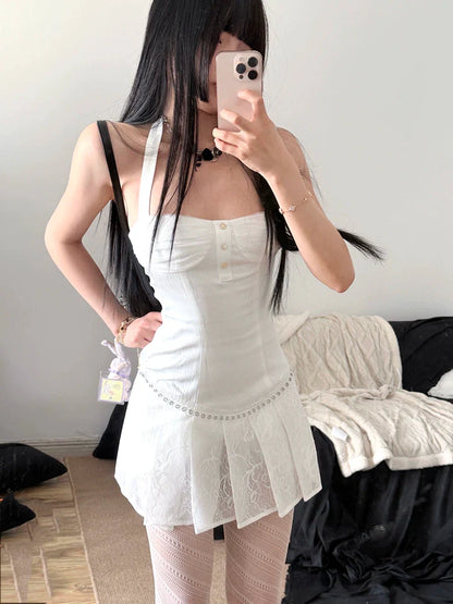 Y2K White A-Line Halter Lace Short Party Outfit ED03280