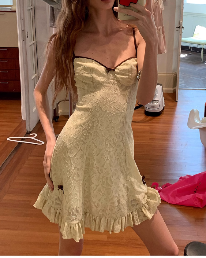 Simple Spaghetti Strap A-Line Lace Applique Short Outdoor Wear Pool Party Dress ED03282