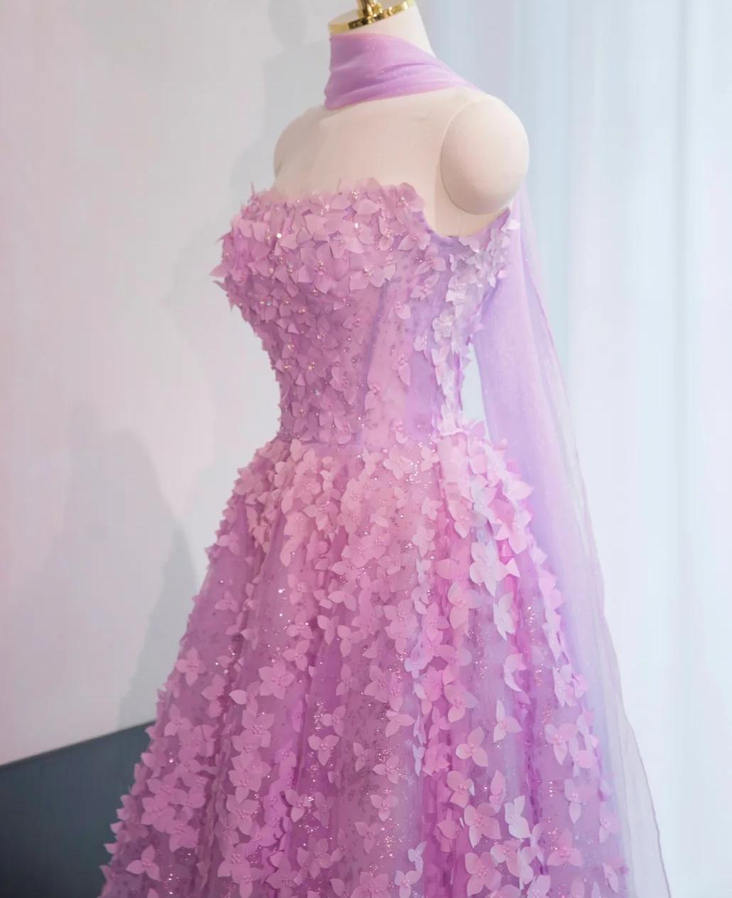 Sweet Lilac A-Line Tulle Strapless Long Prom Dresses Quinceanera Dresses with Appliques ED03288