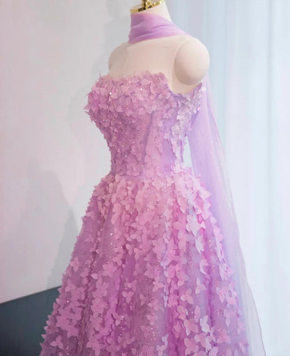 Sweet Lilac A-Line Tulle Strapless Long Prom Dresses Quinceanera Dresses with Appliques ED03288