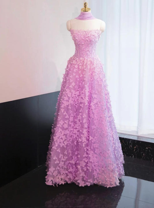 Sweet Lilac A-Line Tulle Strapless Long Prom Dresses Quinceanera Dresses with Appliques ED03288