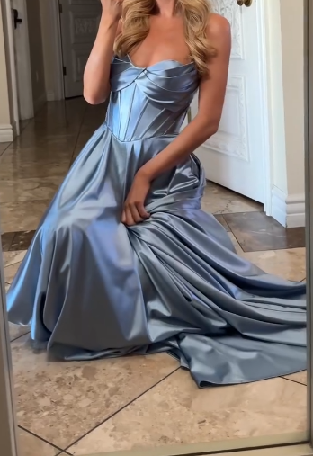 Elegant Gray Blue Sheath Strapless Satin Long Prom Dresses Fashion Birthday Party Outfits ED03291