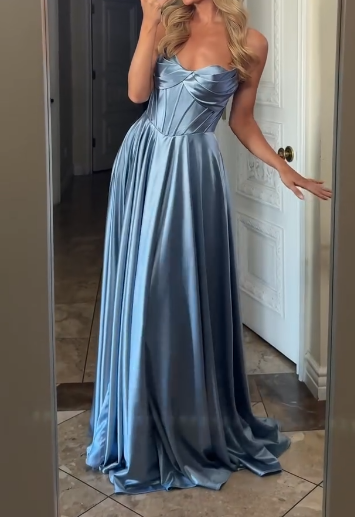 Elegant Gray Blue Sheath Strapless Satin Long Prom Dresses Fashion Birthday Party Outfits ED03291