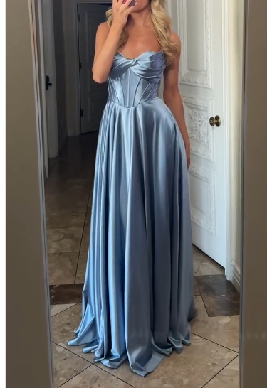Elegant Gray Blue Sheath Strapless Satin Long Prom Dresses Fashion Birthday Party Outfits ED03291