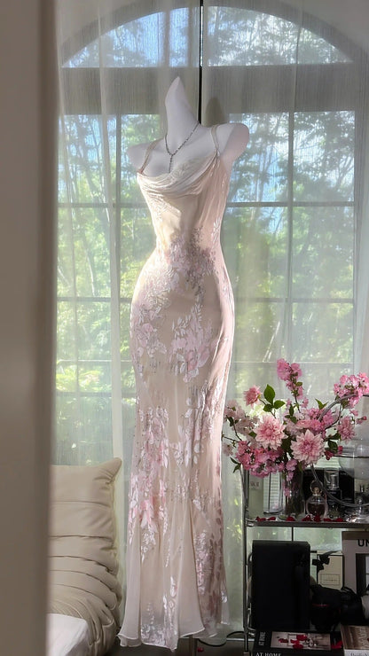 Vintage Sheath Spaghetti Straps Printed Chiffon Long Prom Dresses Glam Evening Dress with Beading ED03292