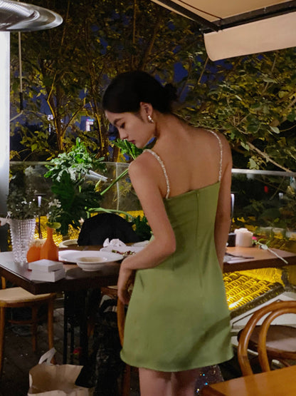 A-Line Green Spaghetti Strap Satin Short Birthday Dress Chic Outdoor Party Dress ED03294