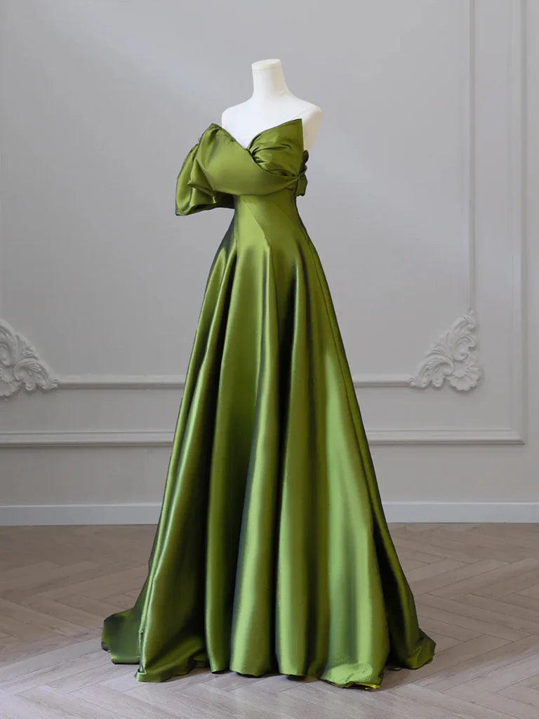 A- Line V Neck Satin Green Long Prom Dress, Green Long Formal Dress ED033