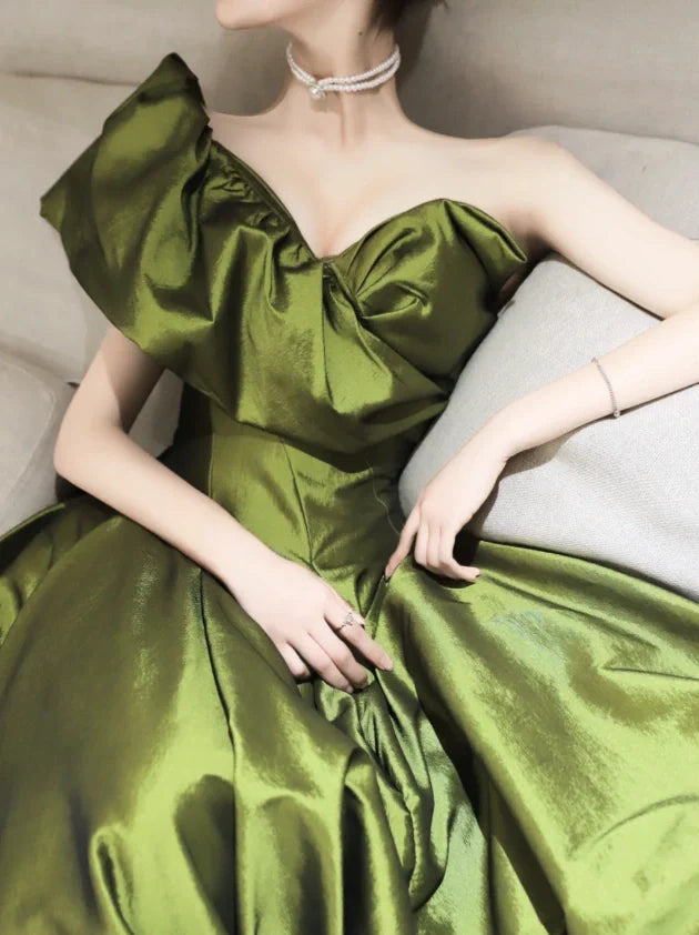 A- Line V Neck Satin Green Long Prom Dress, Green Long Formal Dress ED033