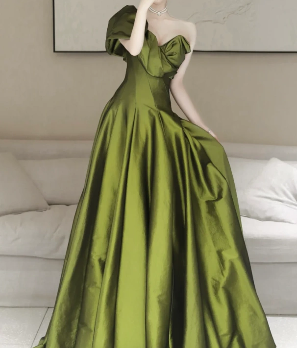 A- Line V Neck Satin Green Long Prom Dress, Green Long Formal Dress ED033